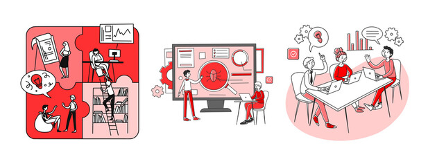 Work on project set. Managers working on software, brainstorming discussing startup. Flat illustrations. Teamwork, cooperation, business concept for banner, website design or landing web page