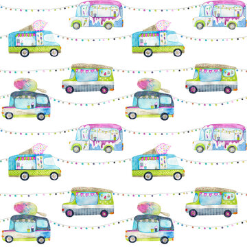 Hand drawn watercolor ice-cream truck seamless pattern background. Side view of ice cream van. Hand painted illustration. Decorated with garland.