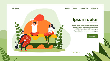 Tiny people holding meat and fish. Burger, salmon, meal flat vector illustration. Food and nutrition concept for banner, website design or landing web page