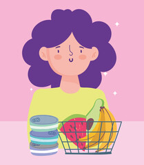 online market, woman with medical mask and basket food delivery in grocery store