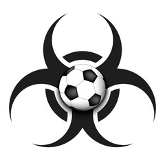 Obraz premium Biohazard symbol with soccer ball. Caution biological danger toxic sign. Soccer quarantined. Cancellation of sports tournaments. Vector illustration