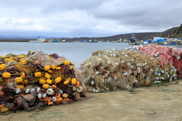 In a fishing village, fishing nets are ready. Turkey