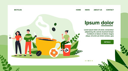 People at coffee break flat vector illustration. Tiny man and women relaxing, talking and drinking coffee. Communication and office experience concept