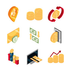 isometric money cash currency business coins banknotes isolated on white background flat icons set