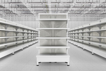 Store interior with empty supermarket grocery shelves mockup. 3d render