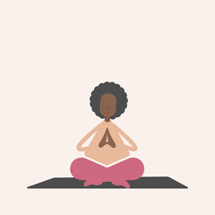 A cute fat black woman practices yoga. In the lotus position on the rug. Body positive, love your body. Sports at home, meditation. For design flat style cartoon