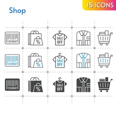 shop icon set. included shopping bag, shirt, shopping cart, barcode icons on white background. linear, bicolor, filled styles.