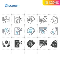 discount icon set. included online shop, sale, voucher, price tag, discount icons on white background. linear, bicolor, filled styles.