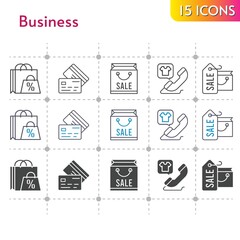 business icon set. included shopping bag, phone call, credit card icons on white background. linear, bicolor, filled styles.