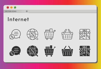 internet icon set. included shop, chat, shopping cart, shopping-basket, internet, shopping basket icons on white background. linear, filled styles.