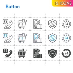 button icon set. included 24-hours, money, shopping cart, phone call, warranty icons on white background. linear, bicolor, filled styles.