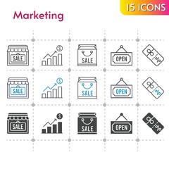marketing icon set. included profits, shopping bag, shop, discount, open icons on white background. linear, bicolor, filled styles.