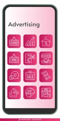 advertising icon set. included gift, profits, handshake, sale, shop, towel, voucher, chat, closed, credit card, open, trolley icons on phone design background . linear styles.