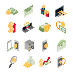isometric money cash currency business coins banknotes isolated on white background flat icons set