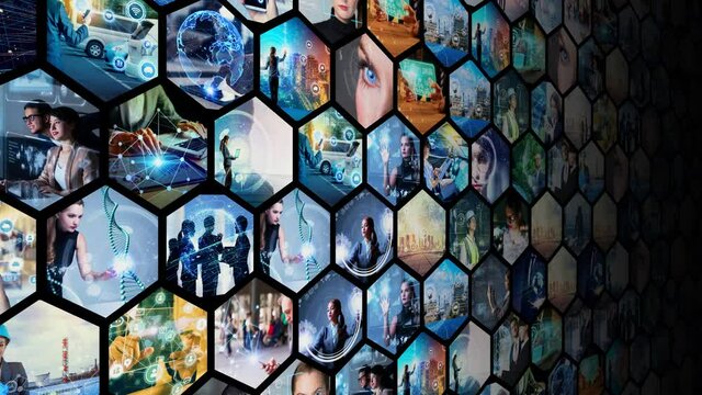 Background animation of hexagonal picture tiles. Business strategy. Science technology.
