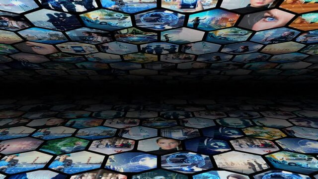 Background animation of hexagonal picture tiles. Business strategy. Science technology.