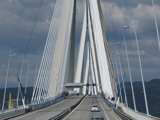 View of the Rio-Antirrio Bridge, officially the Charilaos Trikoupis Bridge, located in Greece on a cloudy day