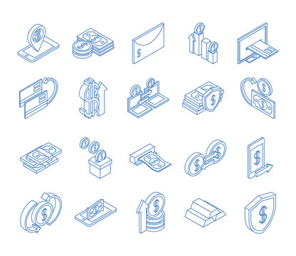 isometric money cash currency business coins banknotes isolated on white background linear blue icons set