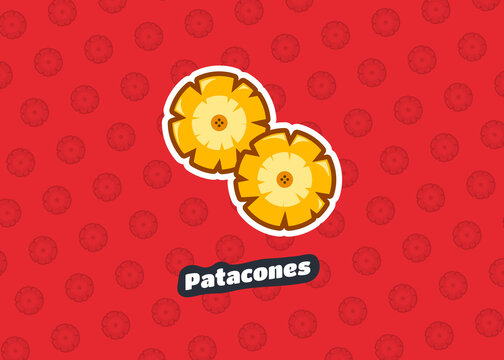 Patacon. Street food and typical traditional Latin American dish. Vector illustration icon food. Lunch meal. Banana fries. Sausages. Ecuador. Per&uacute;. Venezuela. Colombia. Bolivia. Tasty. Snack. Food.