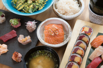 Japanese food variety set on wooden table