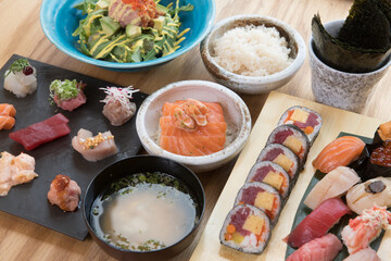 Japanese food variety set on wooden table