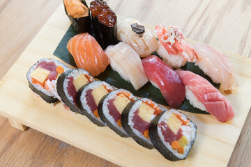 Japanese food variety set on wooden table