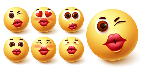 Smiley emoji kiss vector set. Smileys yellow avatar face with kissable lips in different facial expression like in love, blush, crazy and cute for kissing emoticon social media design element. Vector 