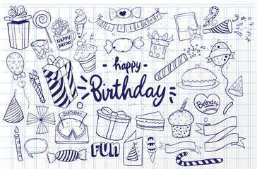 Happy Birthday background. Hand-drawn Birthday sets, party blowouts, party hats, gift boxes and bows, garlands and balloons and firework, candles on birthday pie.