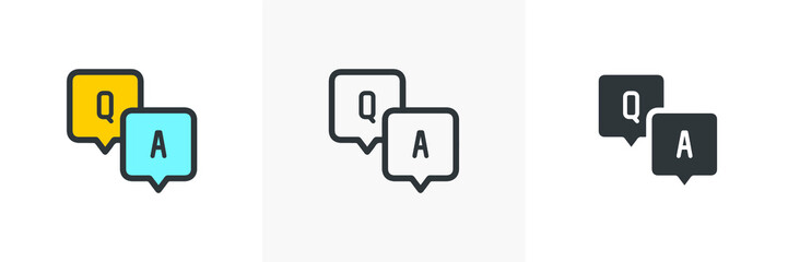 FAQ, questions and answers icon. Line, glyph and filled outline colorful version, Q and A speech outline and filled vector sign. Symbol, logo illustration. Different style icons set. Vector graphics.