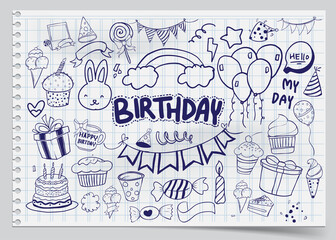 Happy Birthday background. Hand-drawn Birthday sets, party blowouts, party hats, gift boxes and bows, garlands and balloons and firework, candles on birthday pie.