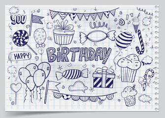 Happy Birthday background. Hand-drawn Birthday sets, party blowouts, party hats, gift boxes and bows, garlands and balloons and firework, candles on birthday pie.