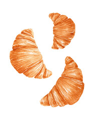 Set of fresh french croissants isolated on white background. 
Watercolor hand-drawn illustration. 
Perfect for your project, cards, prints, covers, menu, patterns.