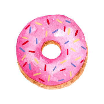 recommend clip art: Pink donut with sprinkles isolated on white background. 
                    Watercolor hand-drawn illustration. 
                    Perfect for your project, cards, prints, covers, menu, patterns.