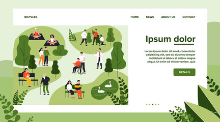 Fototapeta premium Patients walking and training in hospital park. Rehabilitation, nurse, health flat vector illustration. Healthcare and activity concept for banner, website design or landing web page