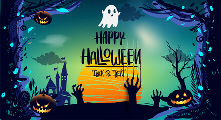 Happy Halloween Poster, night background with creepy pumpkins, illustration. vector elements for banner, greeting card Halloween celebration.