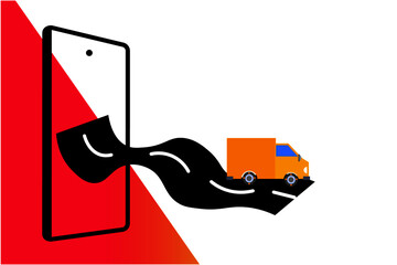 Cargo delivery car and mobile phone concept: Customers call with telephone, cargo delivery company delivers the package.