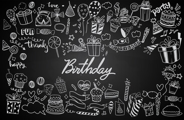 Happy Birthday background. Hand-drawn Birthday sets, party blowouts, party hats, gift boxes and bows. vector illustration chalk texture isolated on black background