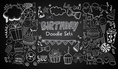 Happy Birthday background. Hand-drawn Birthday sets, party blowouts, party hats, gift boxes and bows. vector illustration chalk texture isolated on black background