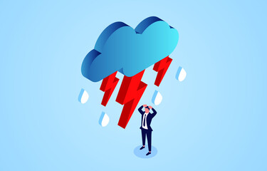 Frustrated businessman, businessman shrouded in dark clouds and lightning and rain