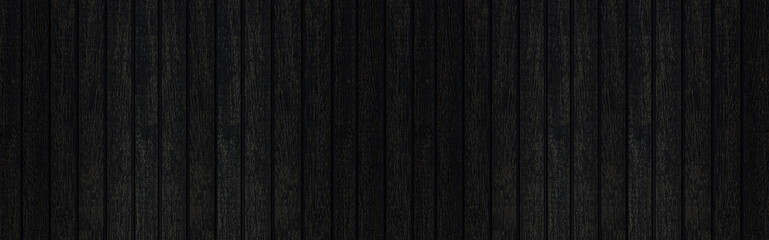 Panorama of Black wood texture background. Abstract dark wood texture on black wall. Aged wood...