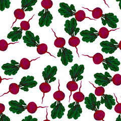 Cute red beet with green leaves seamless pattern on vegetable theme