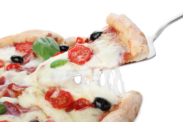 Taking slice of delicious pizza Diablo on white background, closeup