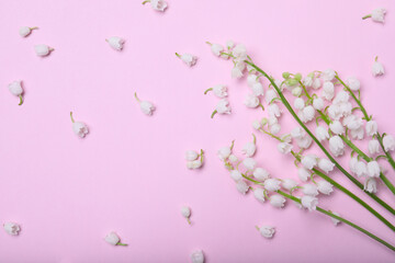 Beautiful lily of the valley flowers on pink background, flat lay