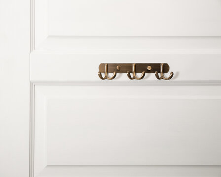 White door with empty metal clothes hooks