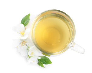 Cup of tea and fresh jasmine flowers isolated on white, top view