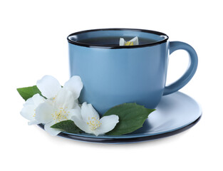 Cup of tea and fresh jasmine flowers isolated on white