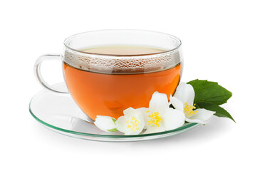 Cup of tea and fresh jasmine flowers isolated on white