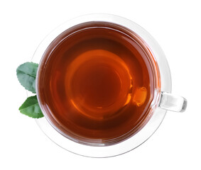 Fresh black tea and green leaves isolated on white, top view