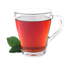 Fresh black tea and green leaves isolated on white
