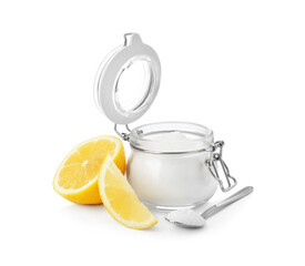 Baking soda and cut lemon on white background